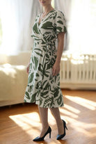Ladies Floral Ruffel Wrap Dress - Olive And Cream - StylePhase SA