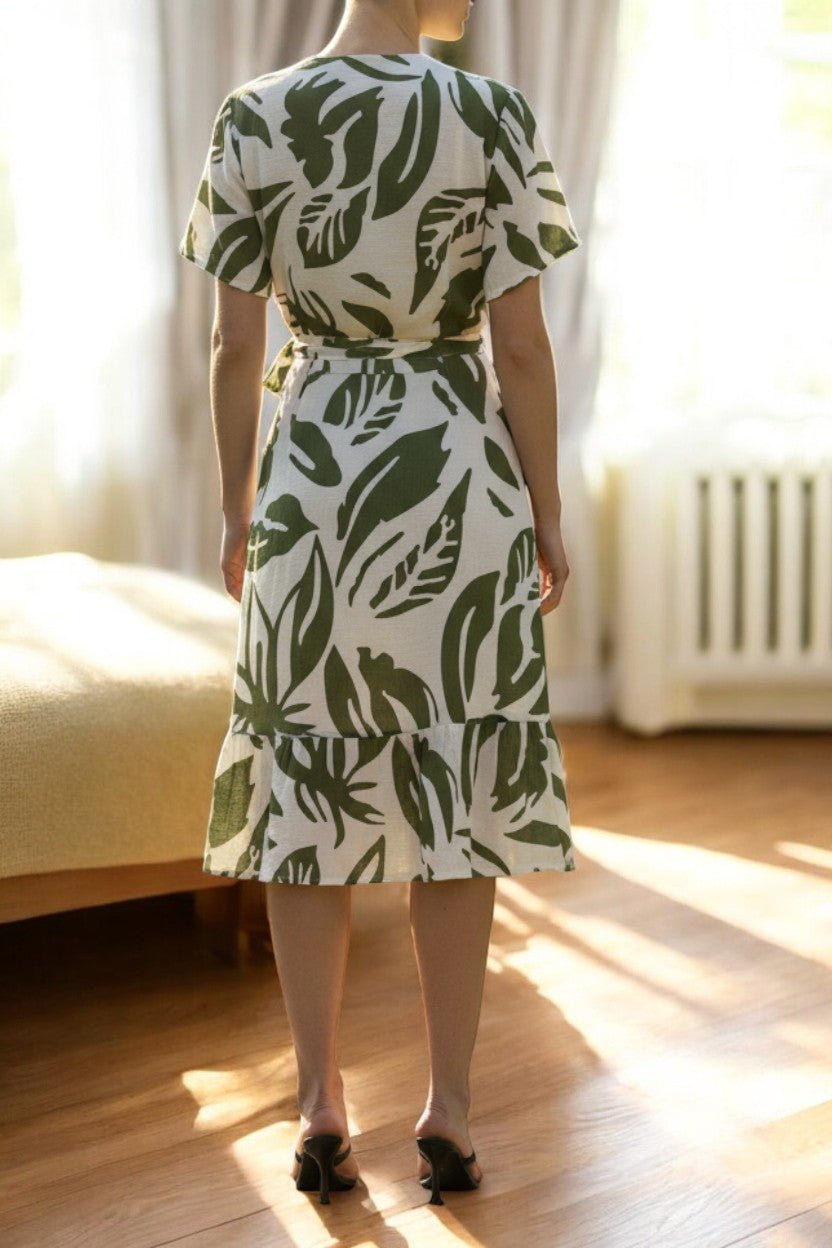 Ladies Floral Ruffel Wrap Dress - Olive And Cream - StylePhase SA