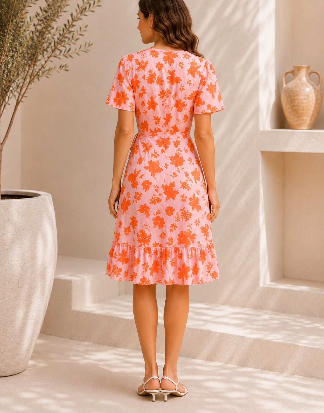 Ladies Floral Ruffel Wrap Dress - Orange Floral - StylePhase SA