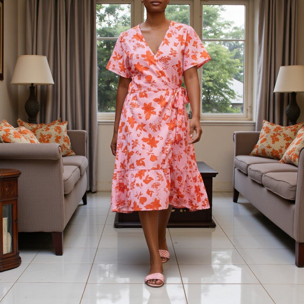 Ladies Floral Ruffel Wrap Dress - Orange Floral - StylePhase SA