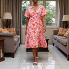 Ladies Floral Ruffel Wrap Dress - Orange Floral - StylePhase SA