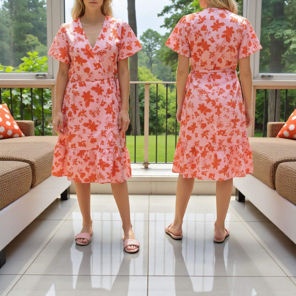 Ladies Floral Ruffel Wrap Dress - Orange Floral - StylePhase SA