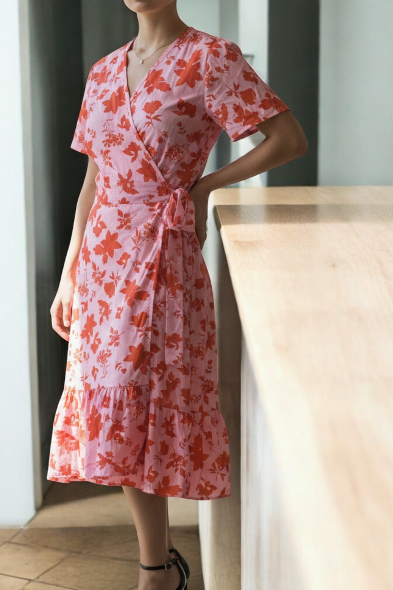 Ladies Floral Ruffel Wrap Dress - Orange Floral - StylePhase SA