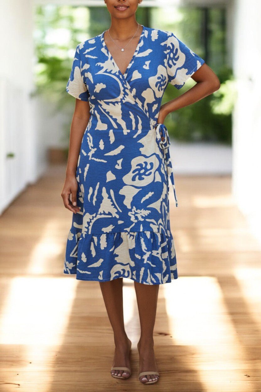 Ladies Floral Ruffel Wrap Dress - Royal And Cream - StylePhase SA