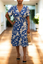 Ladies Floral Ruffel Wrap Dress - Royal And Cream - StylePhase SA