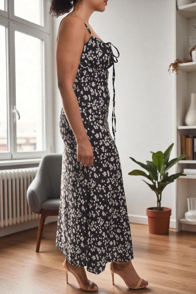 Ladies Floral Tie Front Dress - Black - StylePhase SA
