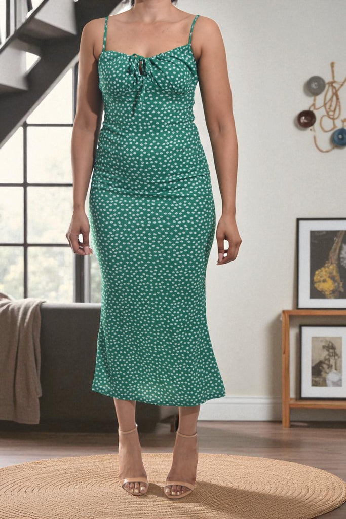 Ladies Floral Tie Front Dress - Green And White - StylePhase SA