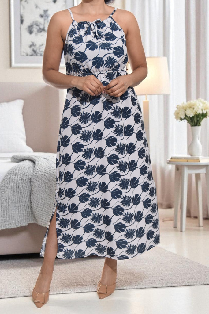 Ladies Floral Tie Front Slit Dress - Big Navy Flowers - StylePhase SA