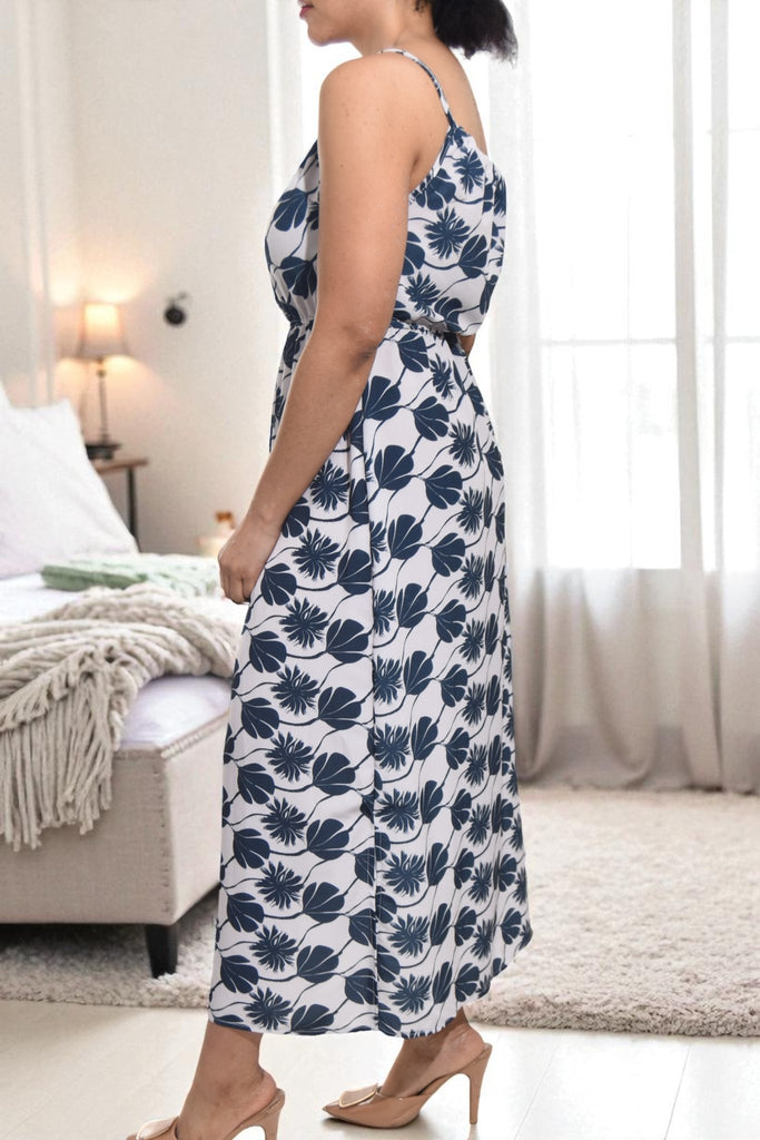 Ladies Floral Tie Front Slit Dress - Big Navy Flowers - StylePhase SA