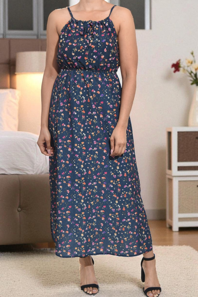 Ladies Floral Tie Front Slit Dress - Navy Floral - StylePhase SA