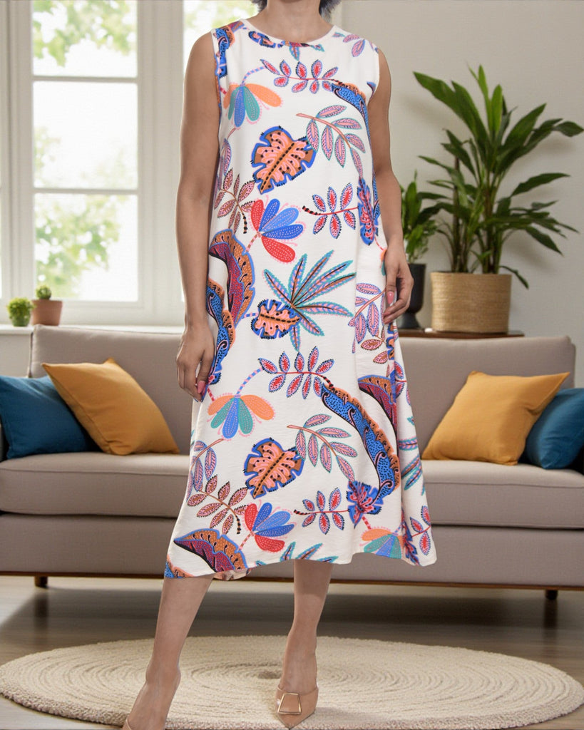 Ladies Floral White Midi Sleeveless Dress - StylePhase SA