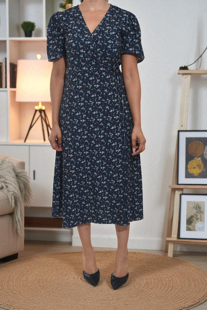 Ladies Floral Wrap Dress - Navy And Blue - StylePhase SA