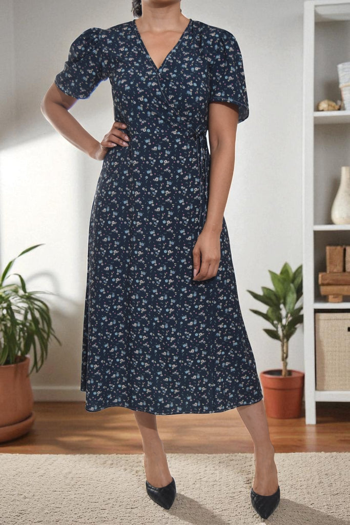 Ladies Floral Wrap Dress - Navy And Blue - StylePhase SA