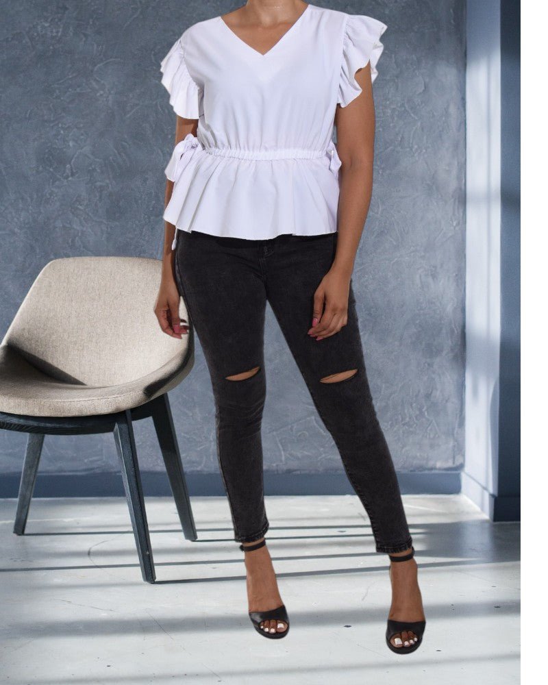 Ladies Flutter Sleeve White Peplum Top - StylePhase SA