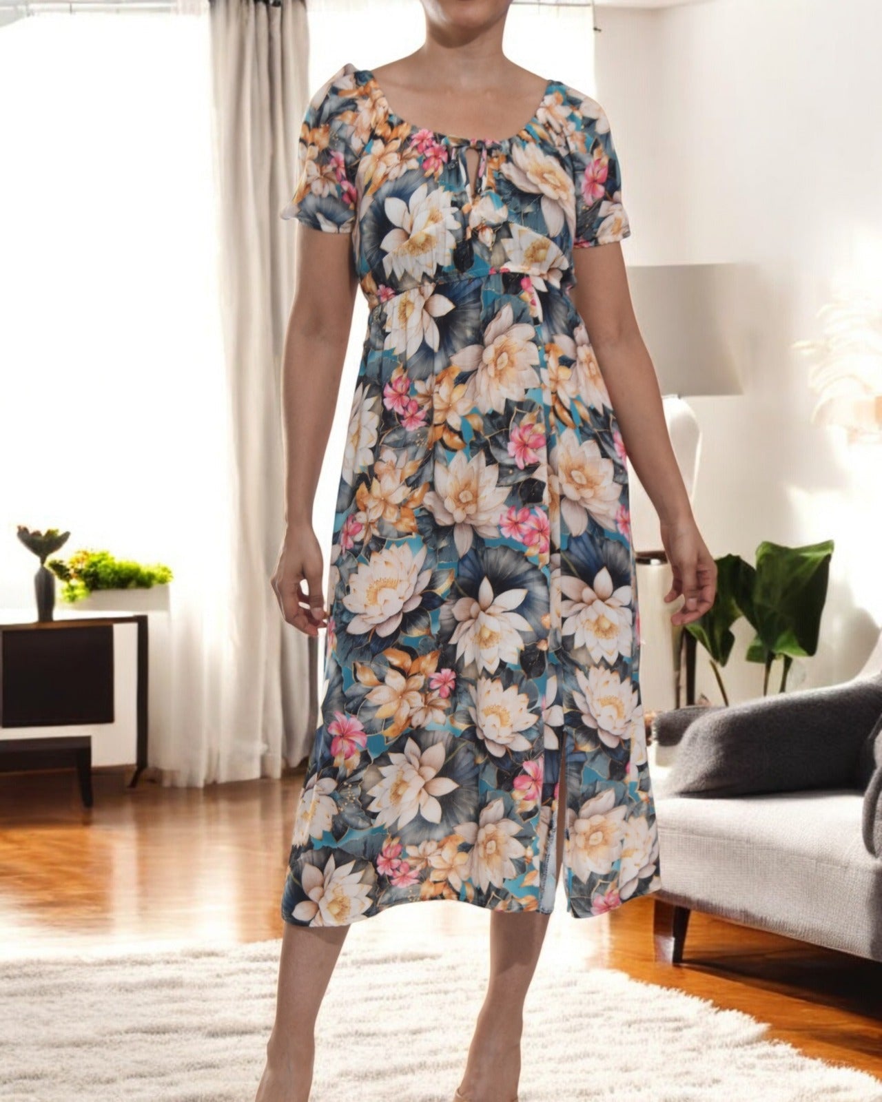 Ladies Front Slit Dress - Black Floral - StylePhase SA