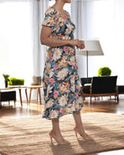 Ladies Front Slit Dress - Black Floral - StylePhase SA