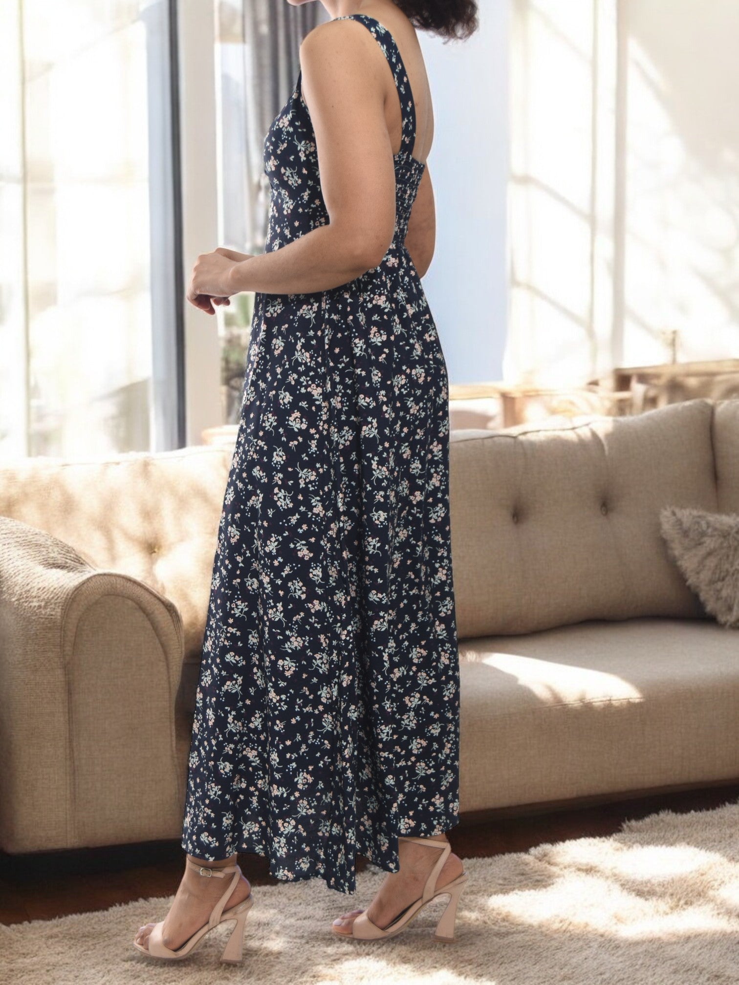 Ladies Front Slit Dress - Black Mini Floral - StylePhase SA