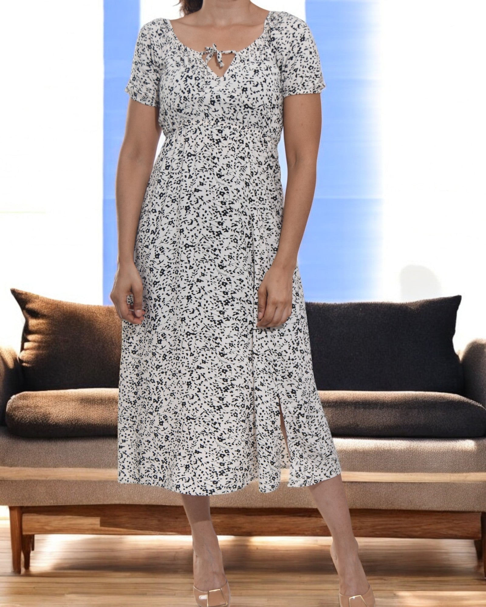 Ladies Front Slit Dress - Cream And Black - StylePhase SA