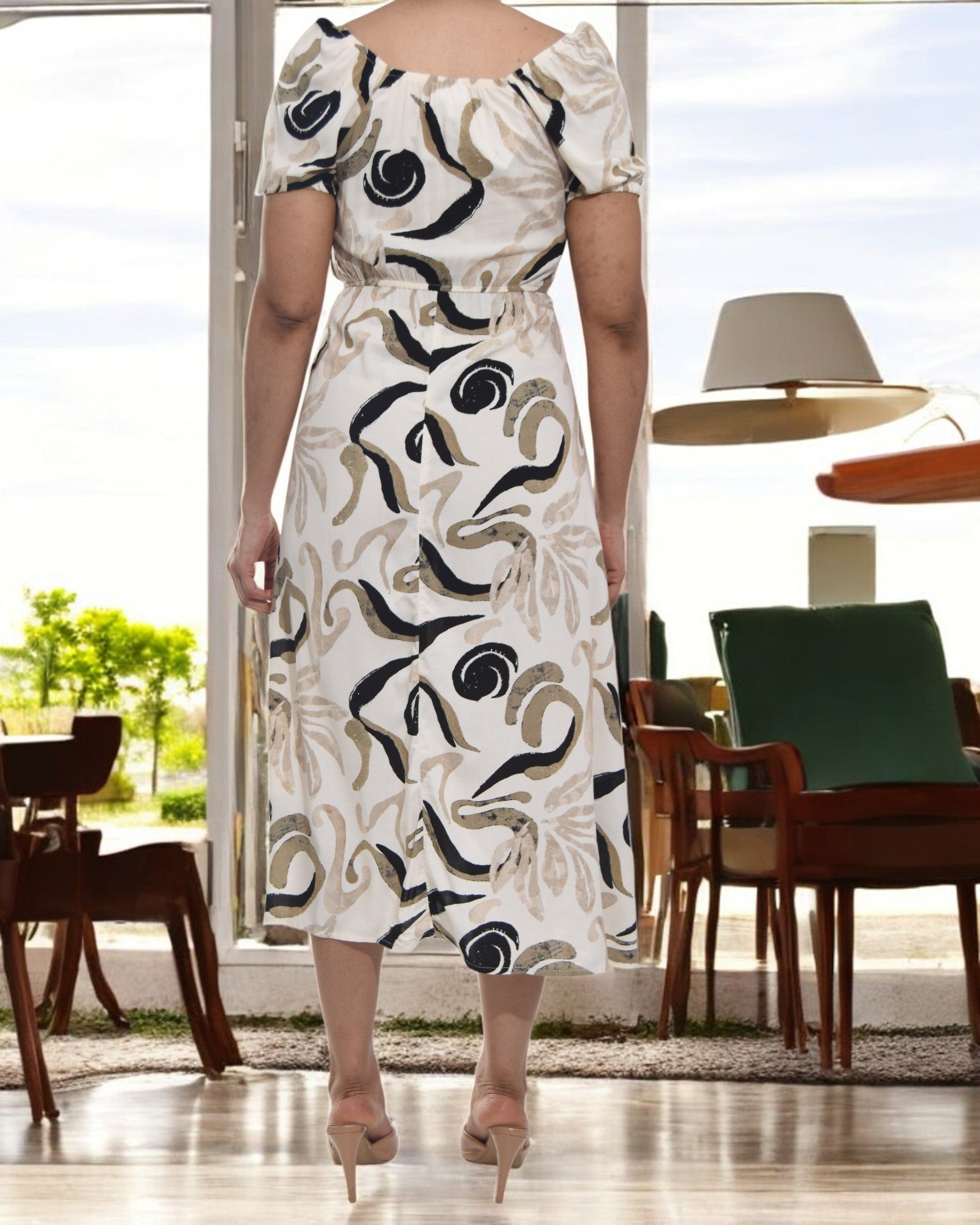 Ladies Front Slit Dress - Cream And Black - StylePhase SA