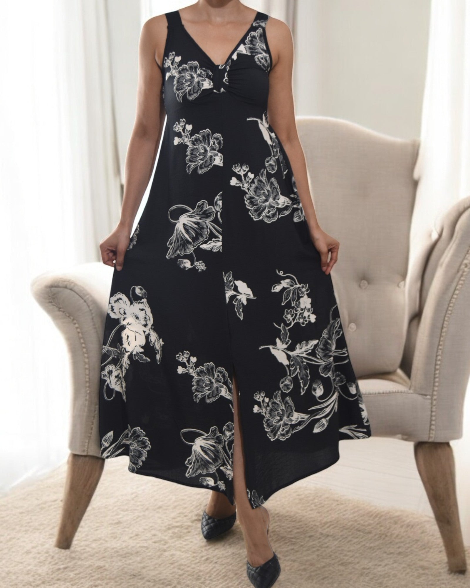 Ladies Front Slit Dress - Floral Cream - StylePhase SA