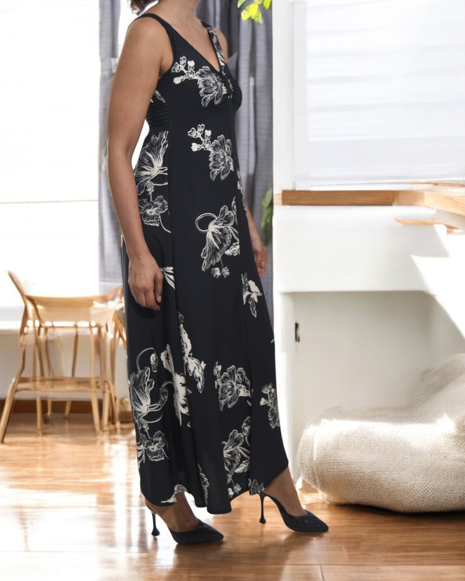 Ladies Front Slit Dress - Floral Cream - StylePhase SA