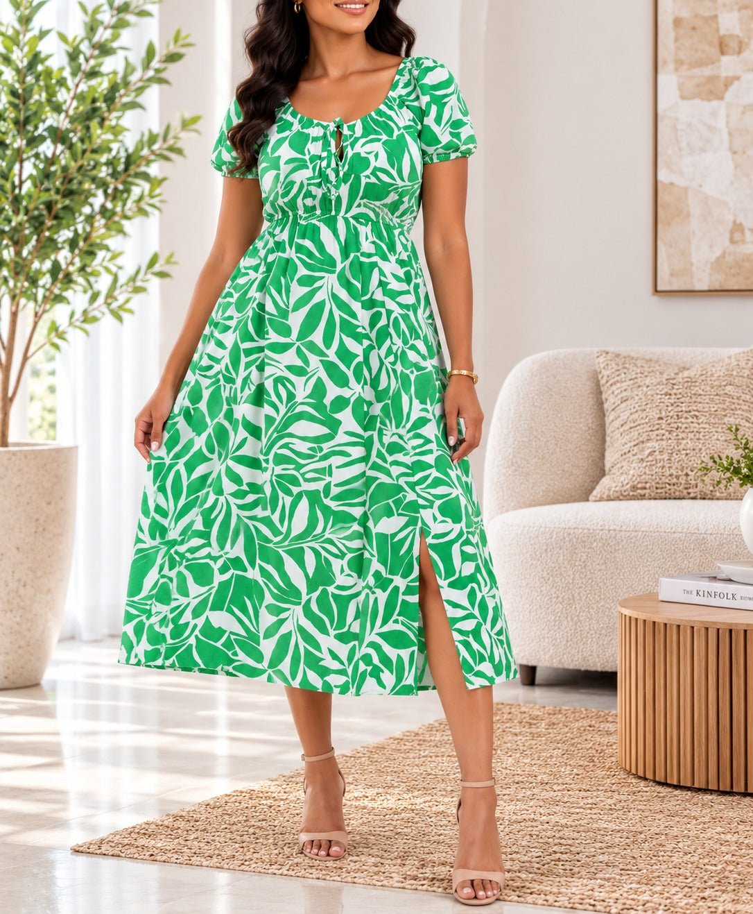 Ladies Front Slit Dress-Green Floral - StylePhase SA