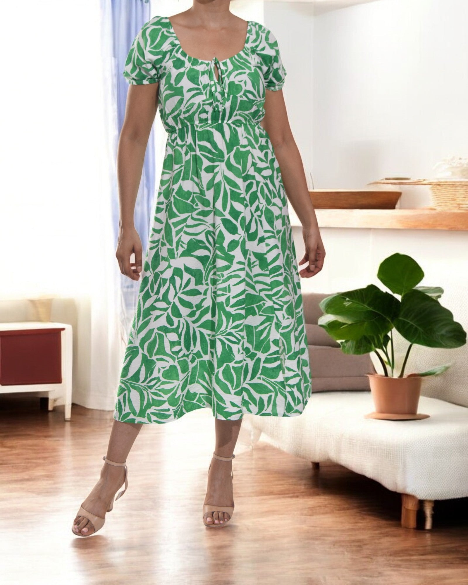 Ladies Front Slit Dress - Green Floral - StylePhase SA