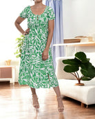 Ladies Front Slit Dress - Green Floral - StylePhase SA