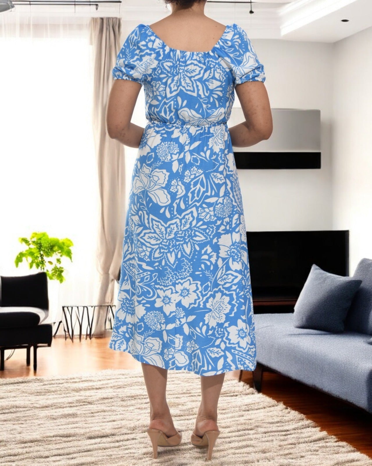 Ladies Front Slit Dress - Light Blue Floral - StylePhase SA