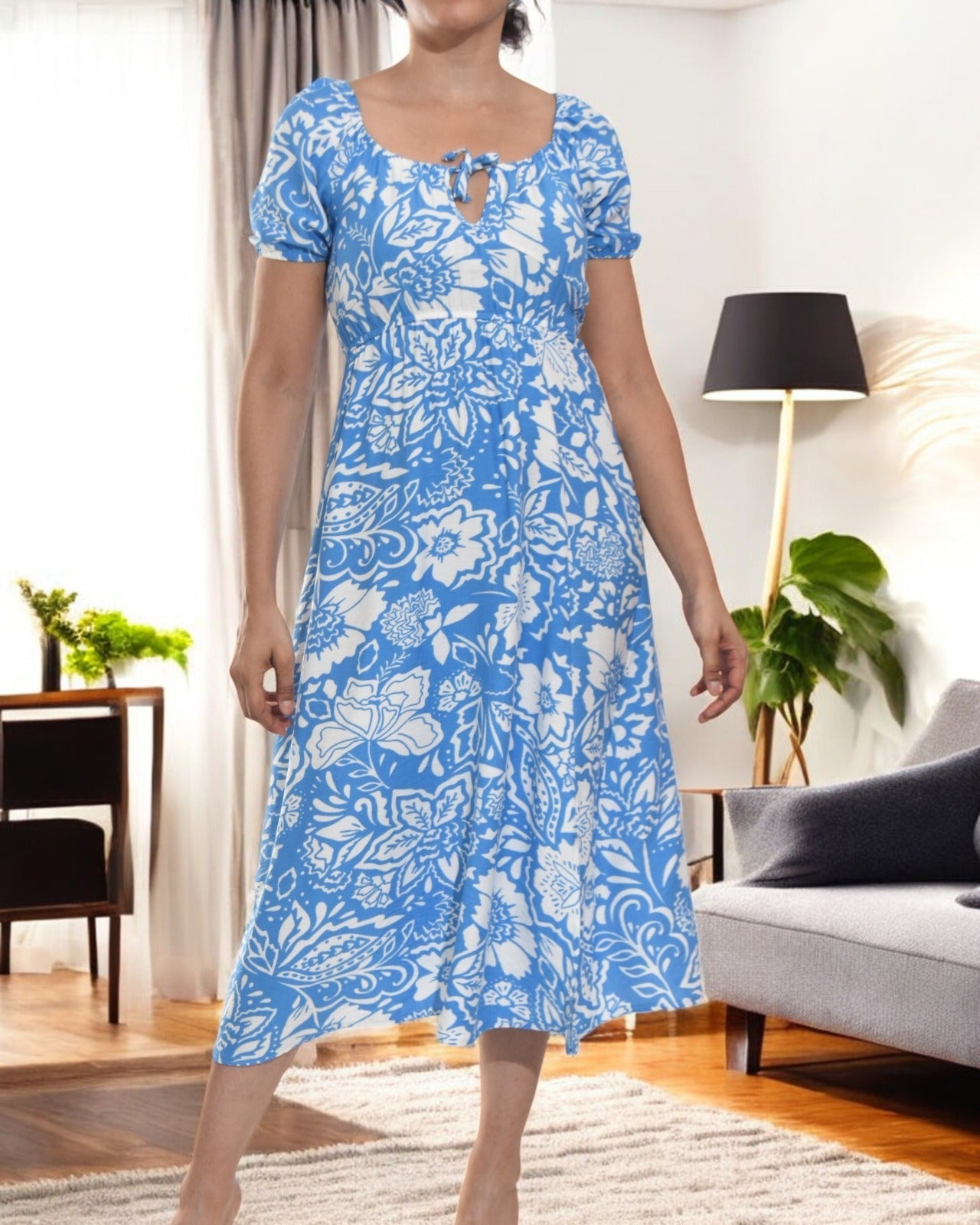 Ladies Front Slit Dress - Light Blue Floral - StylePhase SA