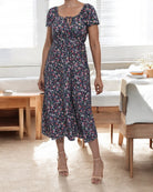 Ladies Front Slit Dress - Navy Floral - StylePhase SA