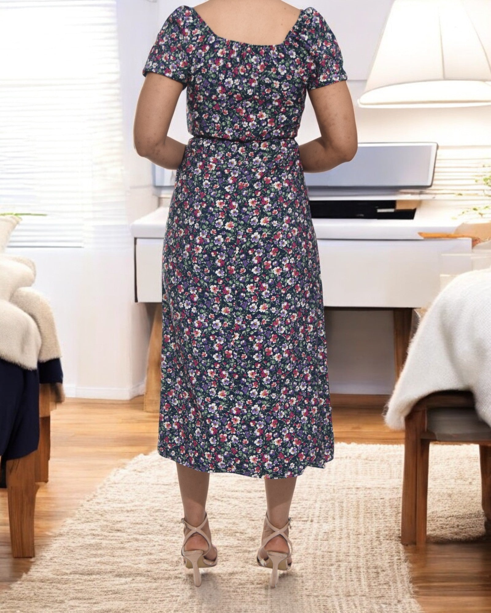 Ladies Front Slit Dress - Navy Floral - StylePhase SA