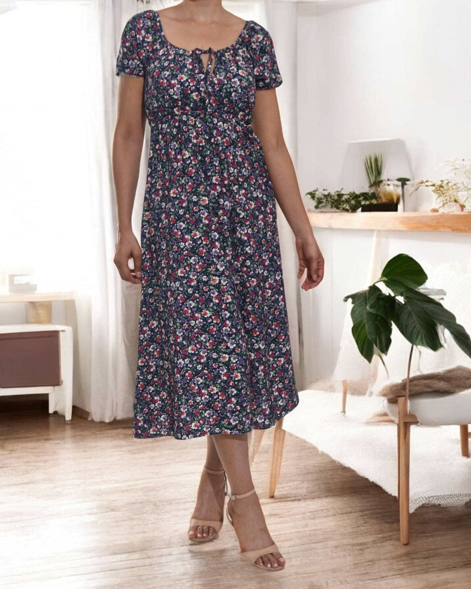 Ladies Front Slit Dress - Navy Floral - StylePhase SA