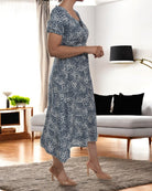 Ladies Front Slit Dress - Navy Mini Flowers - StylePhase SA