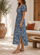 Ladies Front Slit Dress-Navy Mini Flowers - StylePhase SA