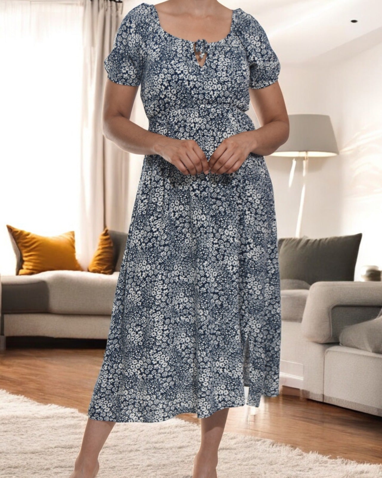 Ladies Front Slit Dress - Navy Mini Flowers - StylePhase SA