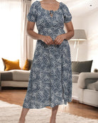 Ladies Front Slit Dress - Navy Mini Flowers - StylePhase SA