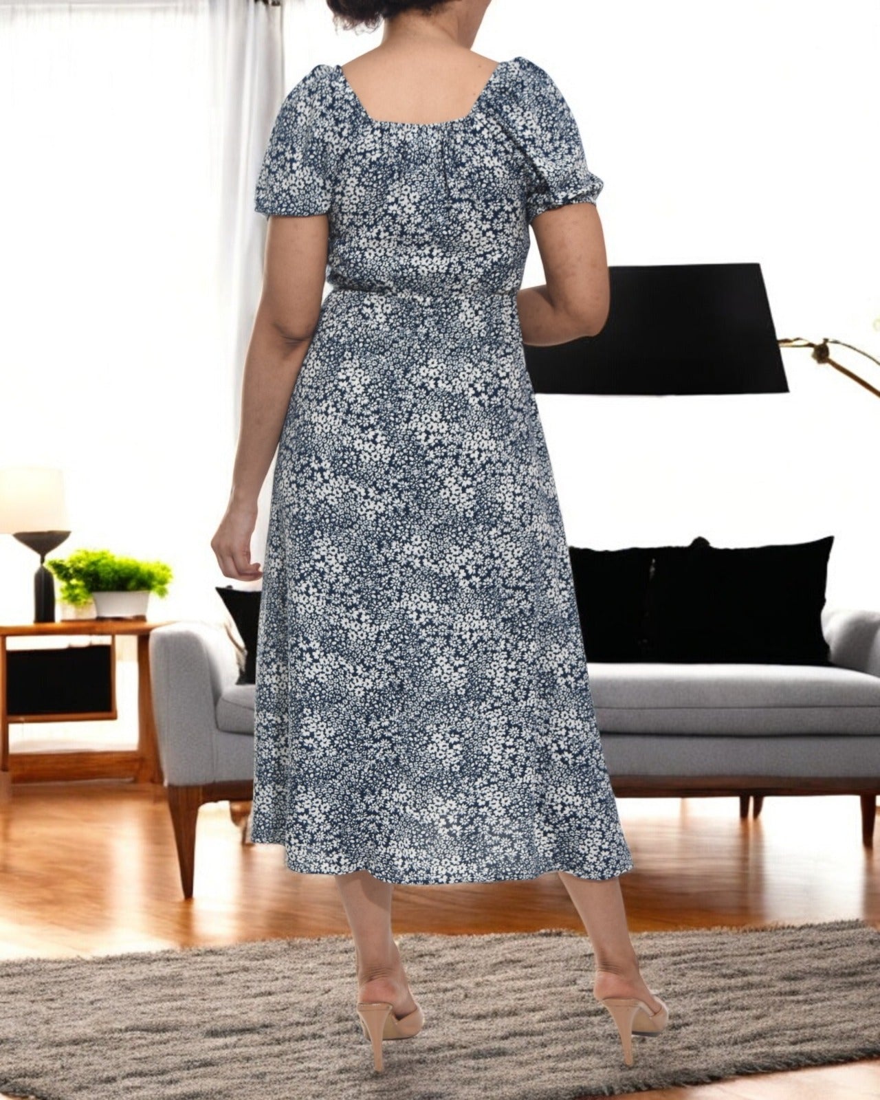 Ladies Front Slit Dress - Navy Mini Flowers - StylePhase SA