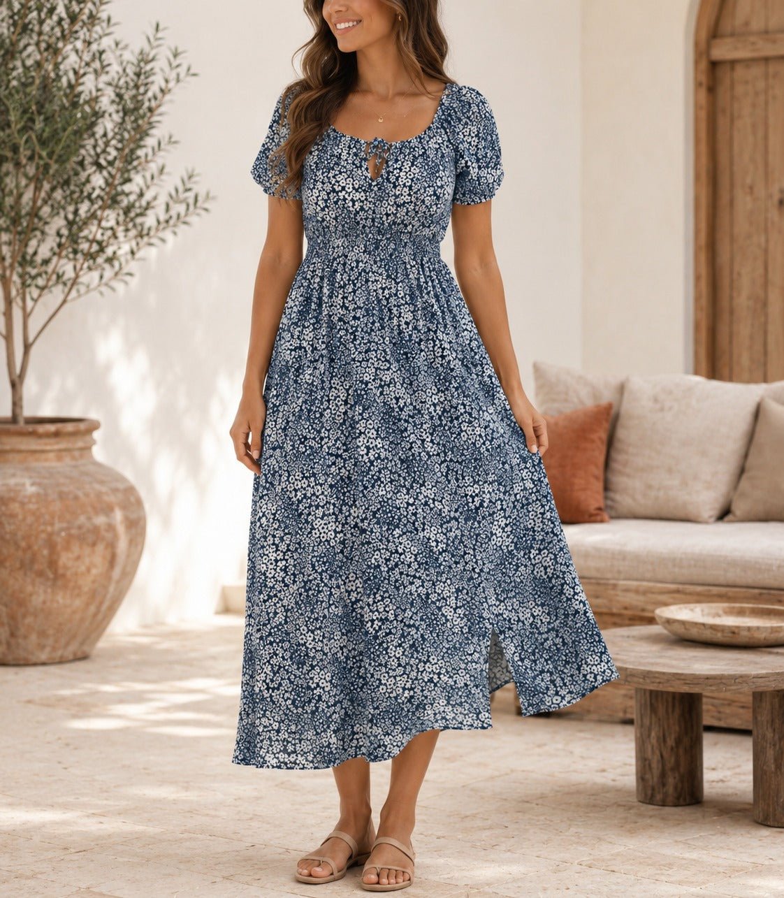 Ladies Front Slit Dress-Navy Mini Flowers - StylePhase SA
