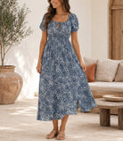 Ladies Front Slit Dress-Navy Mini Flowers - StylePhase SA
