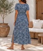 Ladies Front Slit Dress-Navy Mini Flowers - StylePhase SA