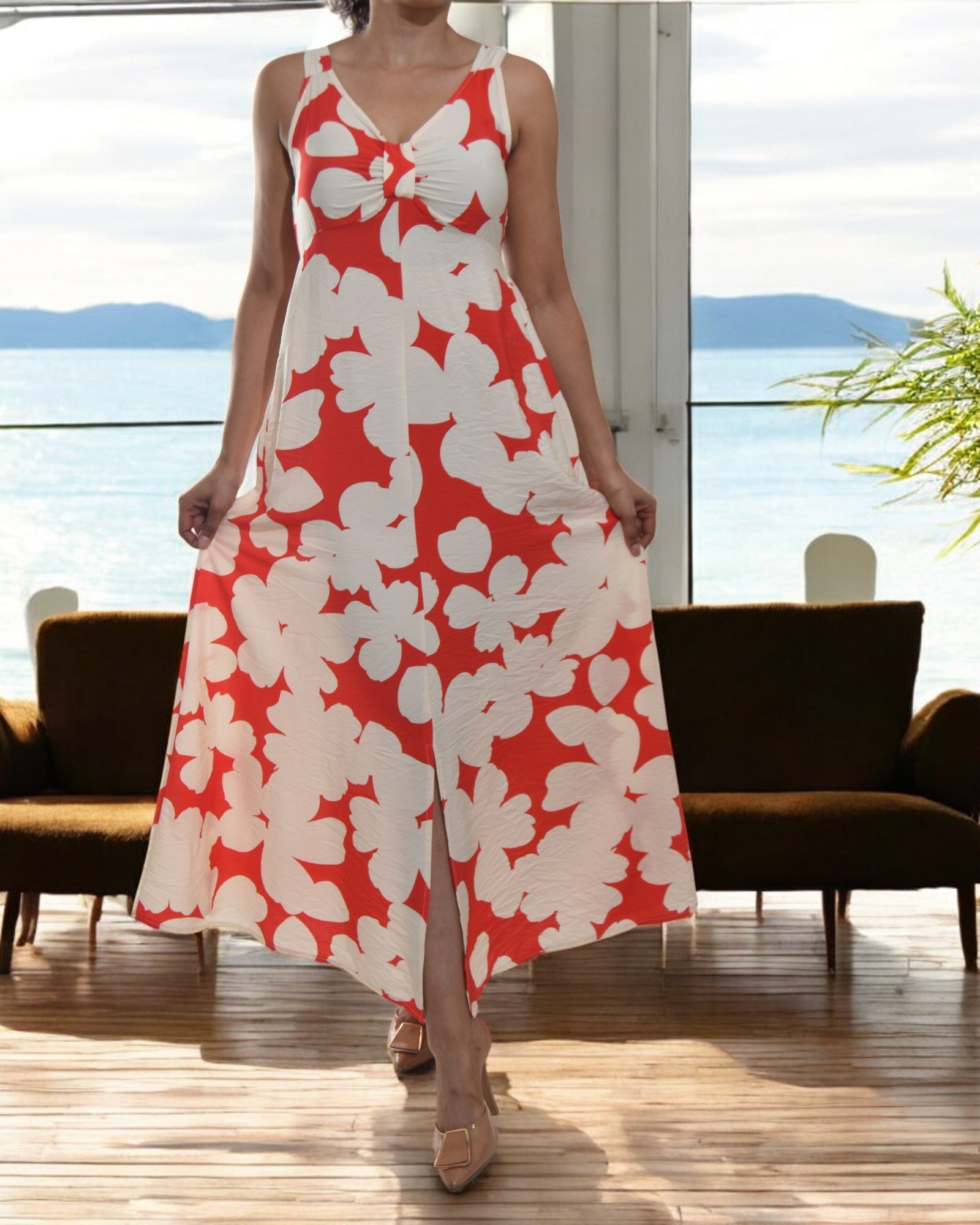 Ladies Front Slit Dress - Orange And Cream - StylePhase SA