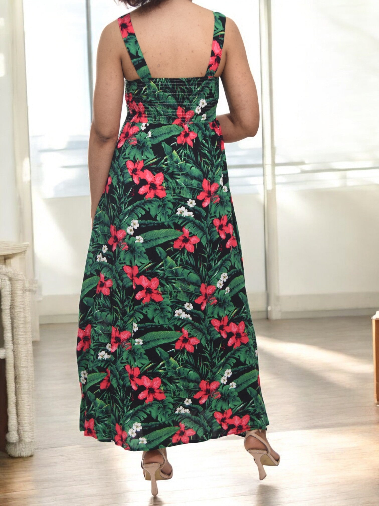Ladies Front Slit Dress - Red Floral - StylePhase SA