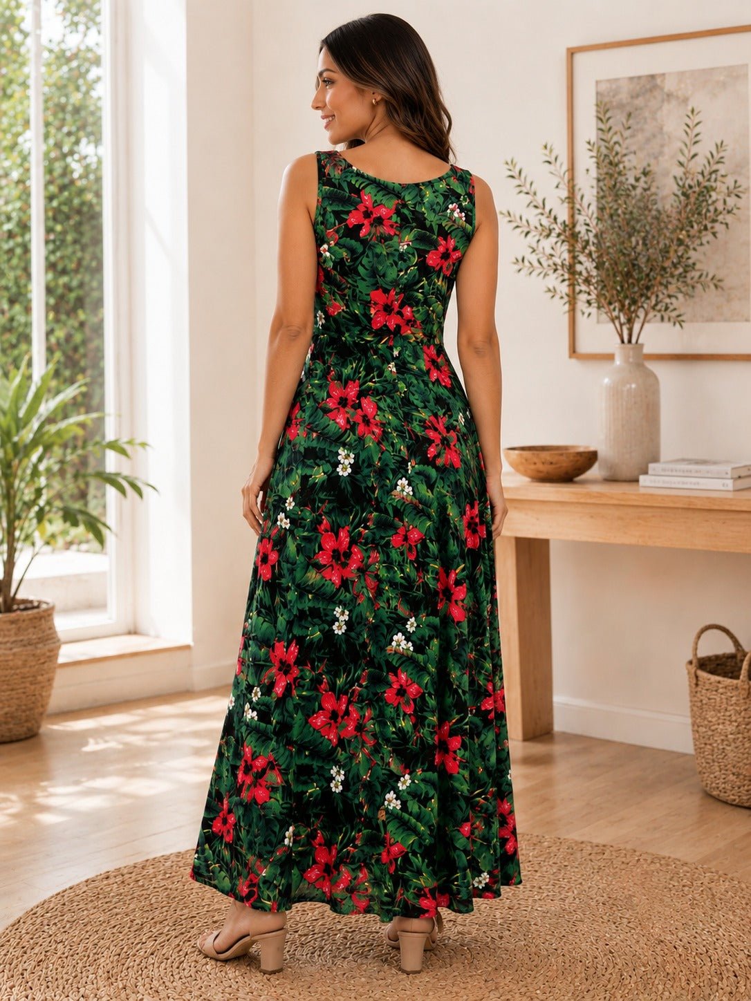 Ladies Front Slit Dress-Red Floral - StylePhase SA