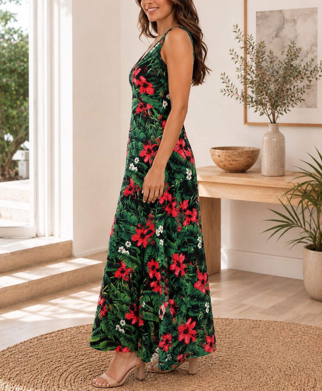Ladies Front Slit Dress-Red Floral - StylePhase SA