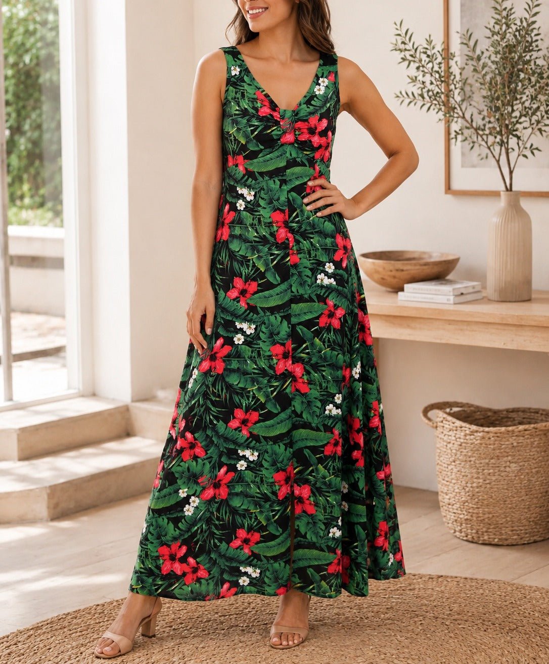Ladies Front Slit Dress-Red Floral - StylePhase SA