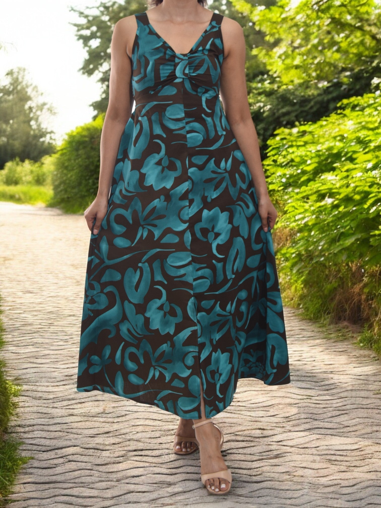 Ladies Front Slit Dress - Teal Floral - StylePhase SA