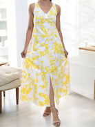 Ladies Front Slit Dress - Yellow Floral - StylePhase SA