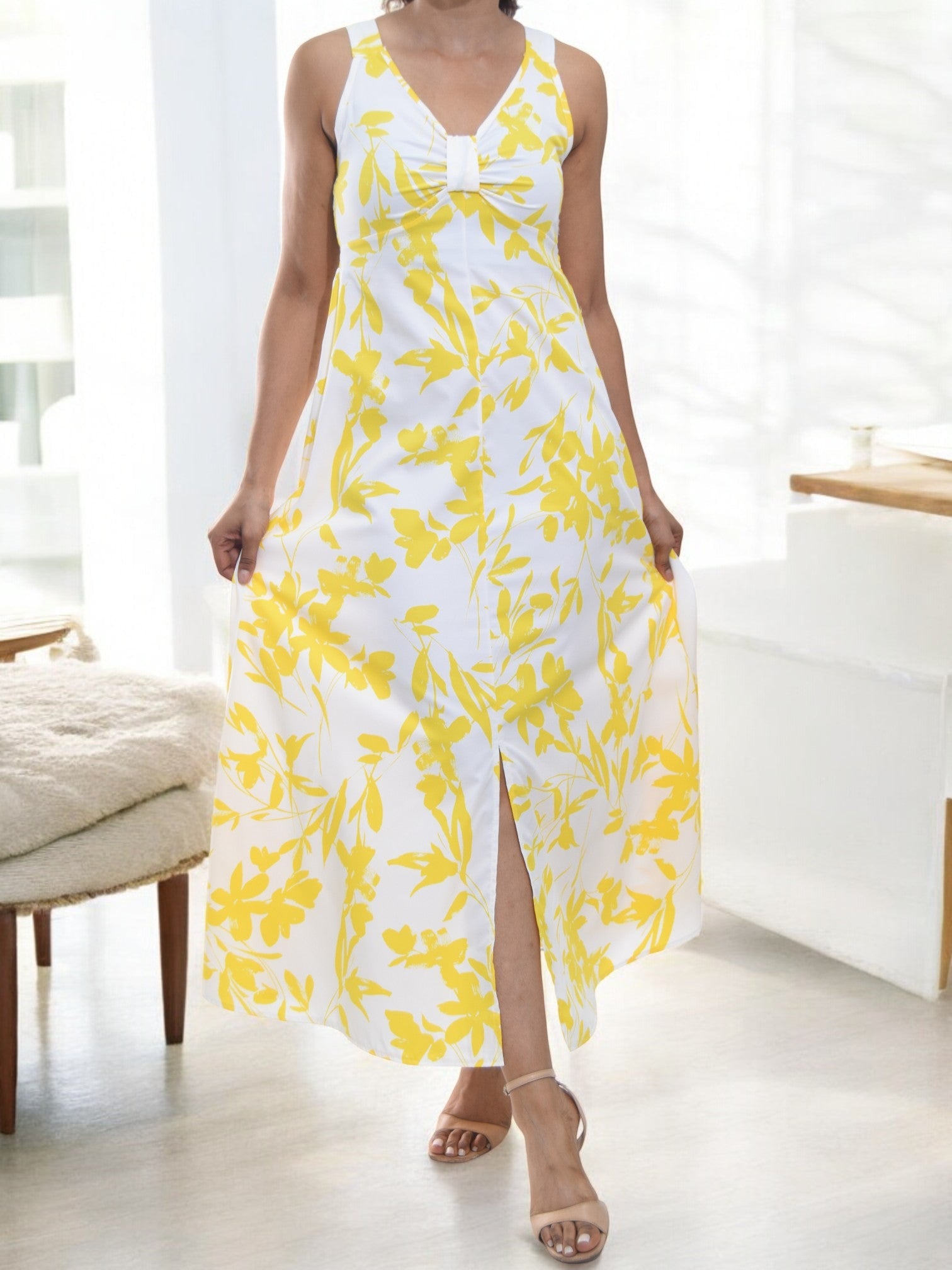 Ladies Front Slit Dress - Yellow Floral - StylePhase SA