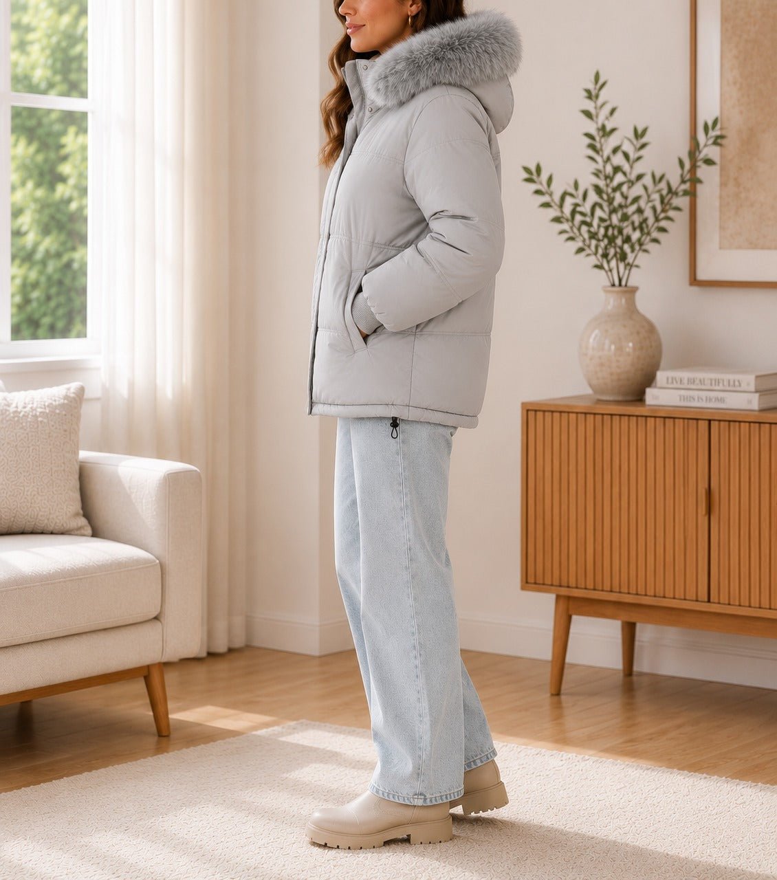 Ladies Fur Collar Jacket -Grey - StylePhase SA
